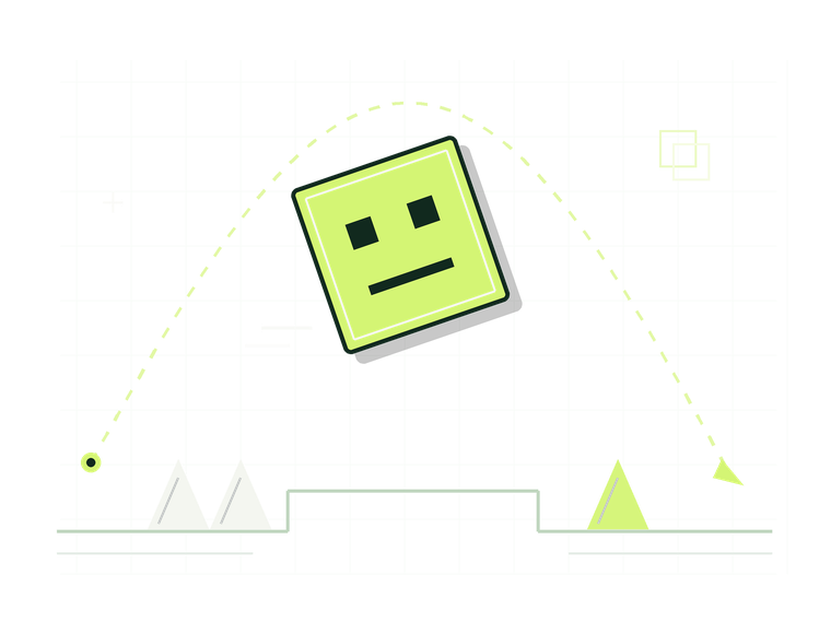 Original geometric illustration: a cube following a practice path past triangular obstacles
